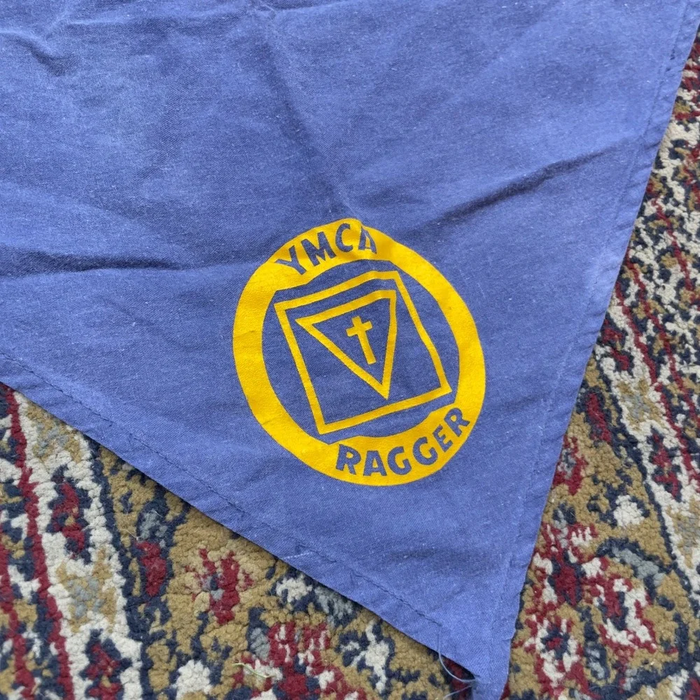 VTG 60s YMCA Ragger‎ Bandana Scarf Neck Gaiter Blue Yellow Logo Neckwear Mens